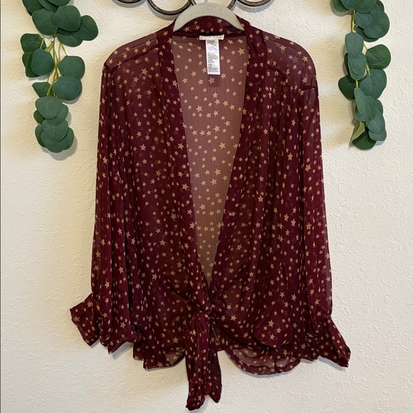 Free People Burgundy Sheer Star-Print Tie-Front Kimono Top✨ - Picture 3 of 10